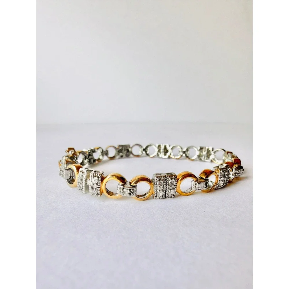 Sterling Silver 925 Two Tone Gold Plated Pave Stone Link Bracelet 7.5